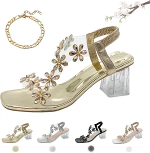 Women's Flower Rhinestone Block Heel Sandals, 2024 New Flower Rhinestone Block Heel Sandals Women-Party Wedding Sandals