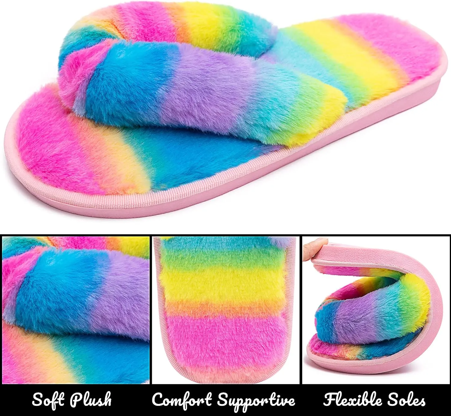 Women's Fuzzy Memory Foam Flip Flop Slippers Soft Comfy Open Toe Slip On Spa Thong Flat Sandals Ladies House Home Furry Sandal Slides Indoor Outdoor