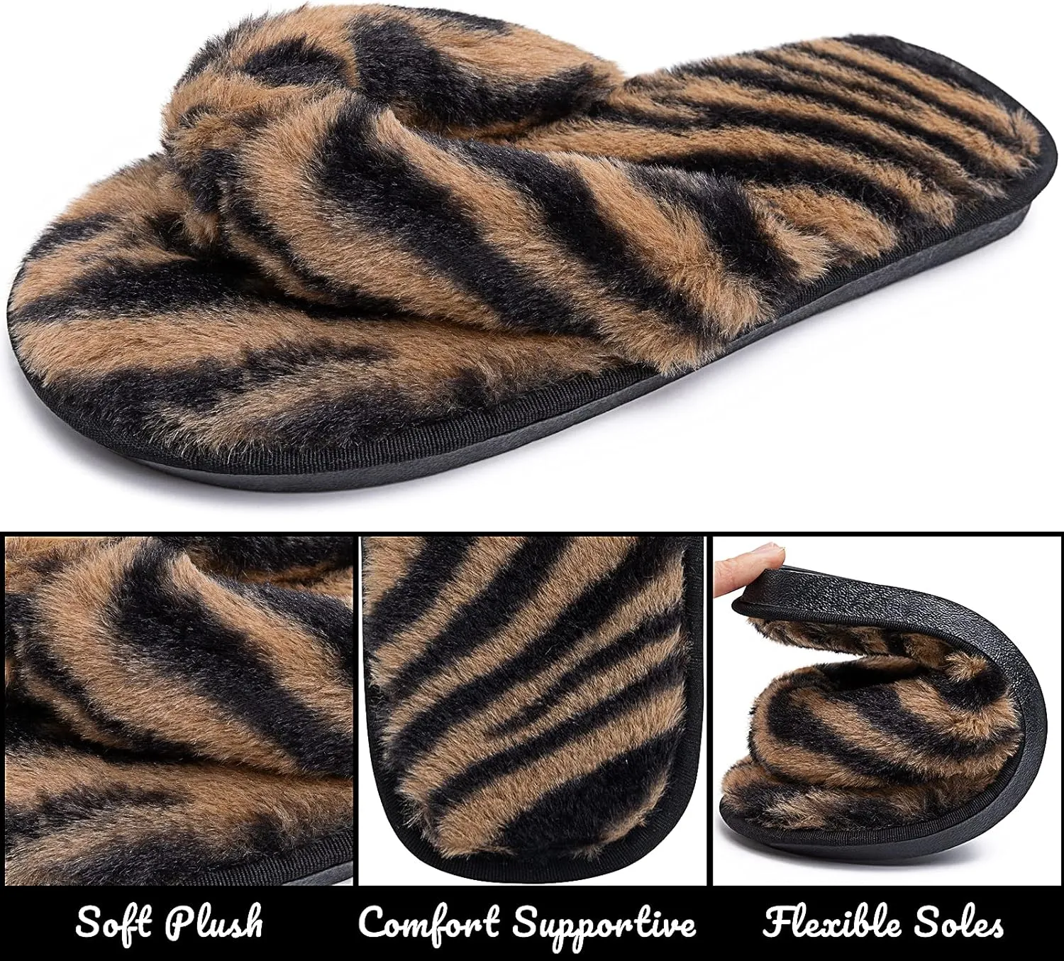 Women's Fuzzy Memory Foam Flip Flop Slippers Soft Comfy Open Toe Slip On Spa Thong Flat Sandals Ladies House Home Furry Sandal Slides Indoor Outdoor