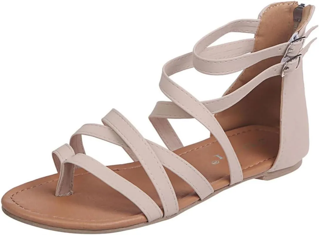 Women's Gladiator Summer Cross Strappy Sandals Comfort Casual Beach Fisherman Thong Sandals Flat Sandal Dressy Flat Trendy Roman Shoes Zipper Ankle Strap Vacation Leather Ladies Party