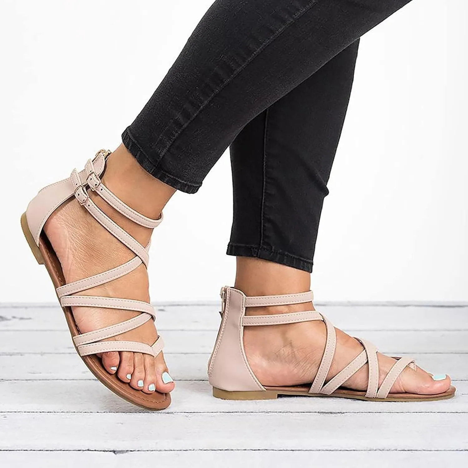 Women's Gladiator Summer Cross Strappy Sandals Comfort Casual Beach Fisherman Thong Sandals Flat Sandal Dressy Flat Trendy Roman Shoes Zipper Ankle Strap Vacation Leather Ladies Party