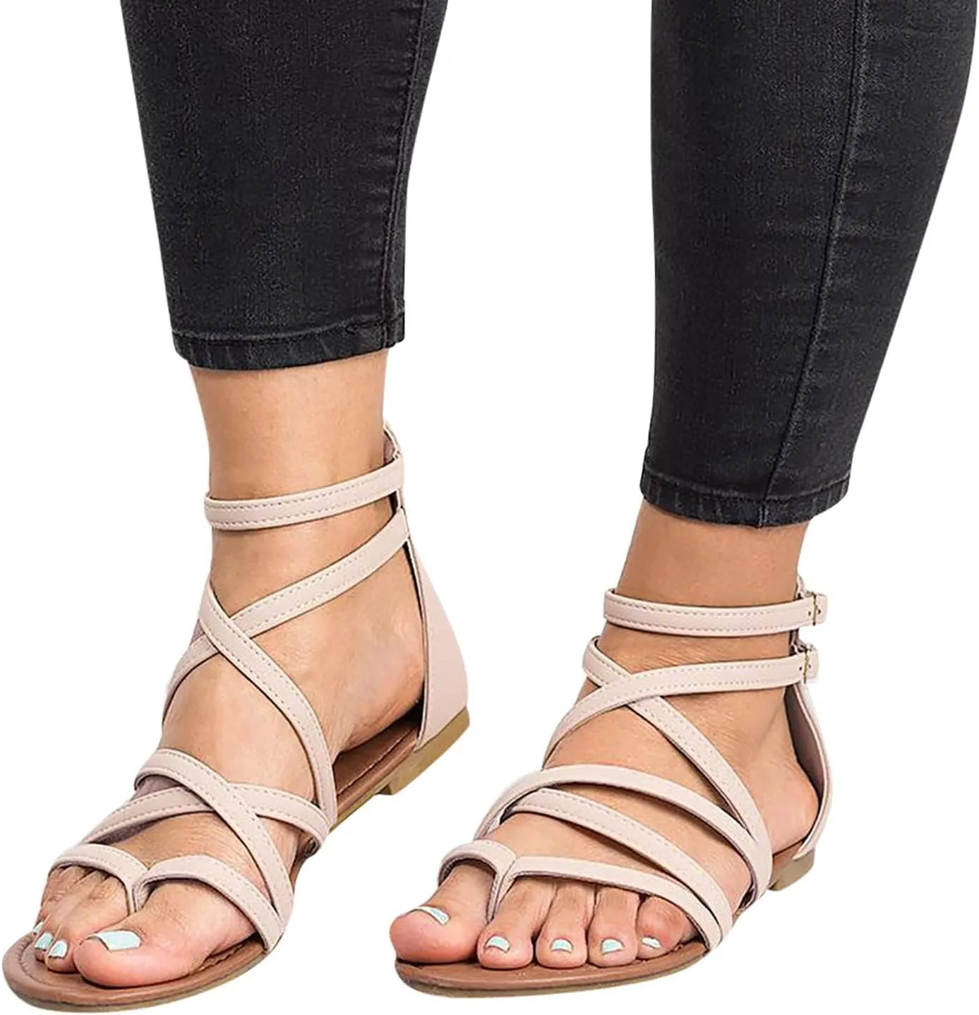 Women's Gladiator Summer Cross Strappy Sandals Comfort Casual Beach Fisherman Thong Sandals Flat Sandal Dressy Flat Trendy Roman Shoes Zipper Ankle Strap Vacation Leather Ladies Party