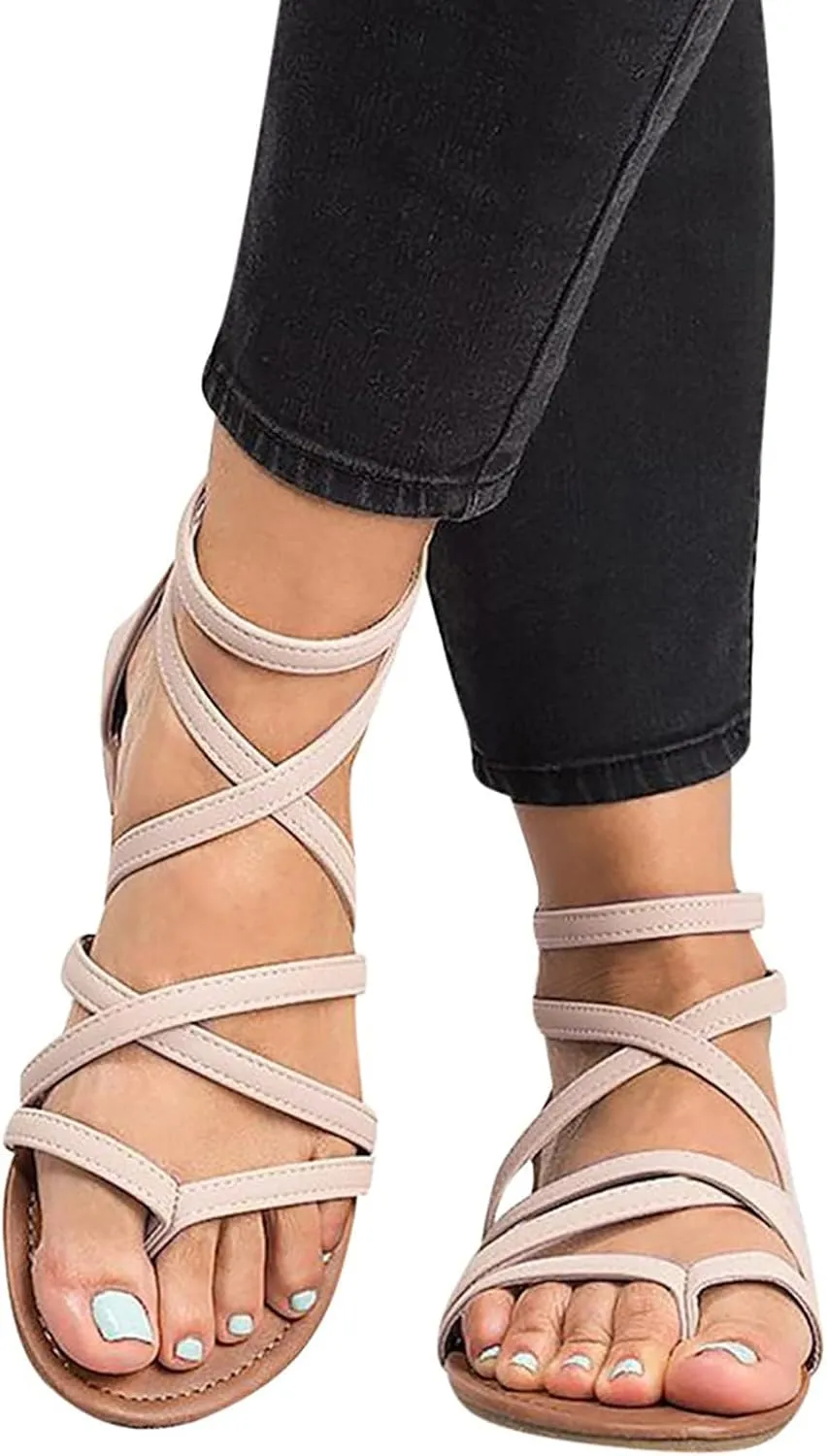 Women's Gladiator Summer Cross Strappy Sandals Comfort Casual Beach Fisherman Thong Sandals Flat Sandal Dressy Flat Trendy Roman Shoes Zipper Ankle Strap Vacation Leather Ladies Party