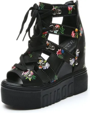 Women's Goth Punk Wedge Sandals Ankle Strap Cutout High Heel Roman Platform Pumps,Open Toe Lace-up Fish Mouth Summer Sandals