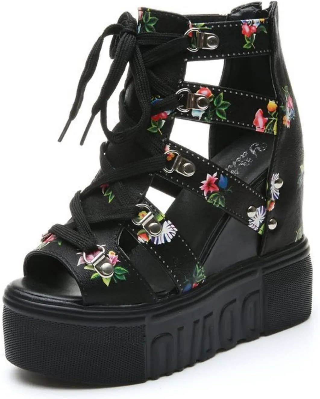 Women's Goth Punk Wedge Sandals Ankle Strap Cutout High Heel Roman Platform Pumps,Open Toe Lace-up Fish Mouth Summer Sandals