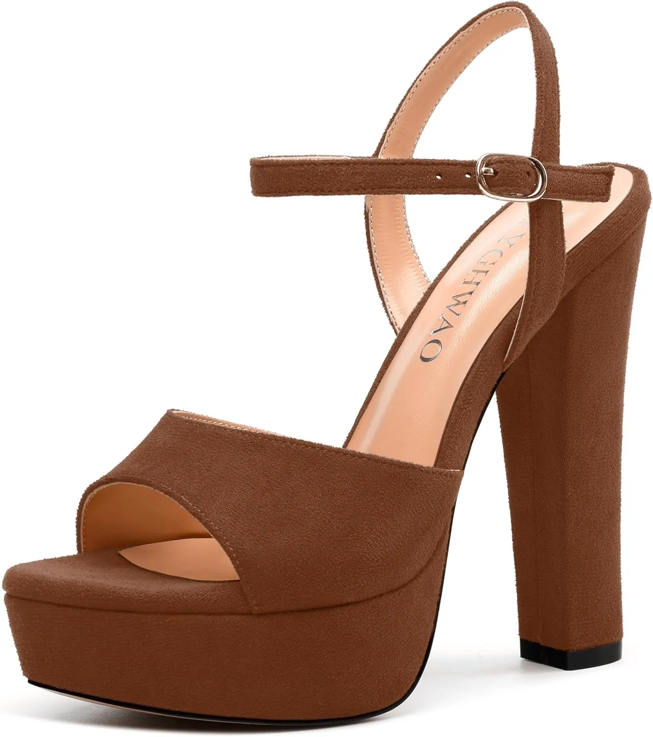 Women's Heeled Sandals, Buckle Ankle Strap Platform High Heels, Round Open Toe Fashion Suede Wedding Working Partying Shoes for Women