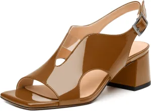 Womens Heeled Sandals, Square Peep Toe Mid Block Heel Slingback Sandals for Women, Leather Insole Chunky Heel Sandals with Buckle 2"