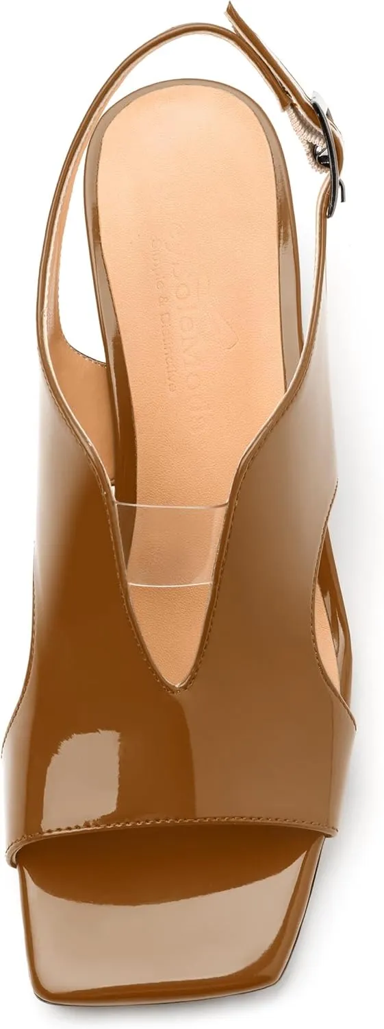 Womens Heeled Sandals, Square Peep Toe Mid Block Heel Slingback Sandals for Women, Leather Insole Chunky Heel Sandals with Buckle 2"