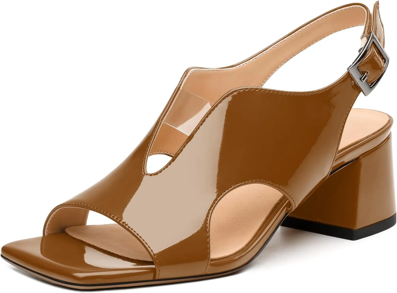 Womens Heeled Sandals, Square Peep Toe Mid Block Heel Slingback Sandals for Women, Leather Insole Chunky Heel Sandals with Buckle 2"