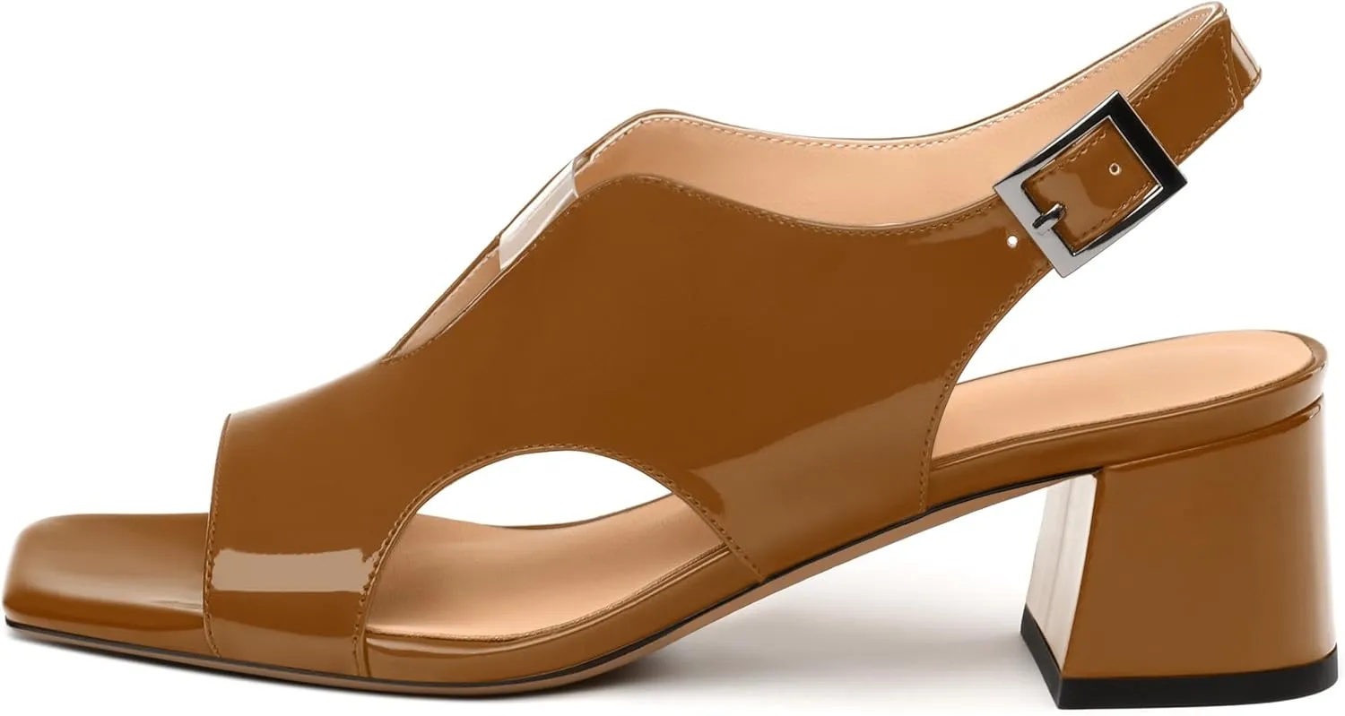 Womens Heeled Sandals, Square Peep Toe Mid Block Heel Slingback Sandals for Women, Leather Insole Chunky Heel Sandals with Buckle 2"