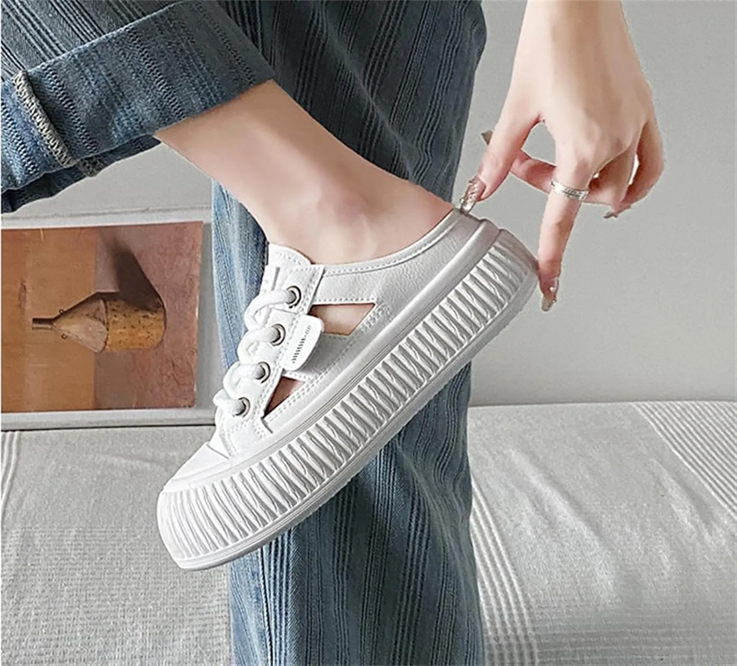 Women'S Hollow Leather Lace Up Sports Sandals Comfortable Breathable Clogs Platform Casual Slides For Beach Party Prom