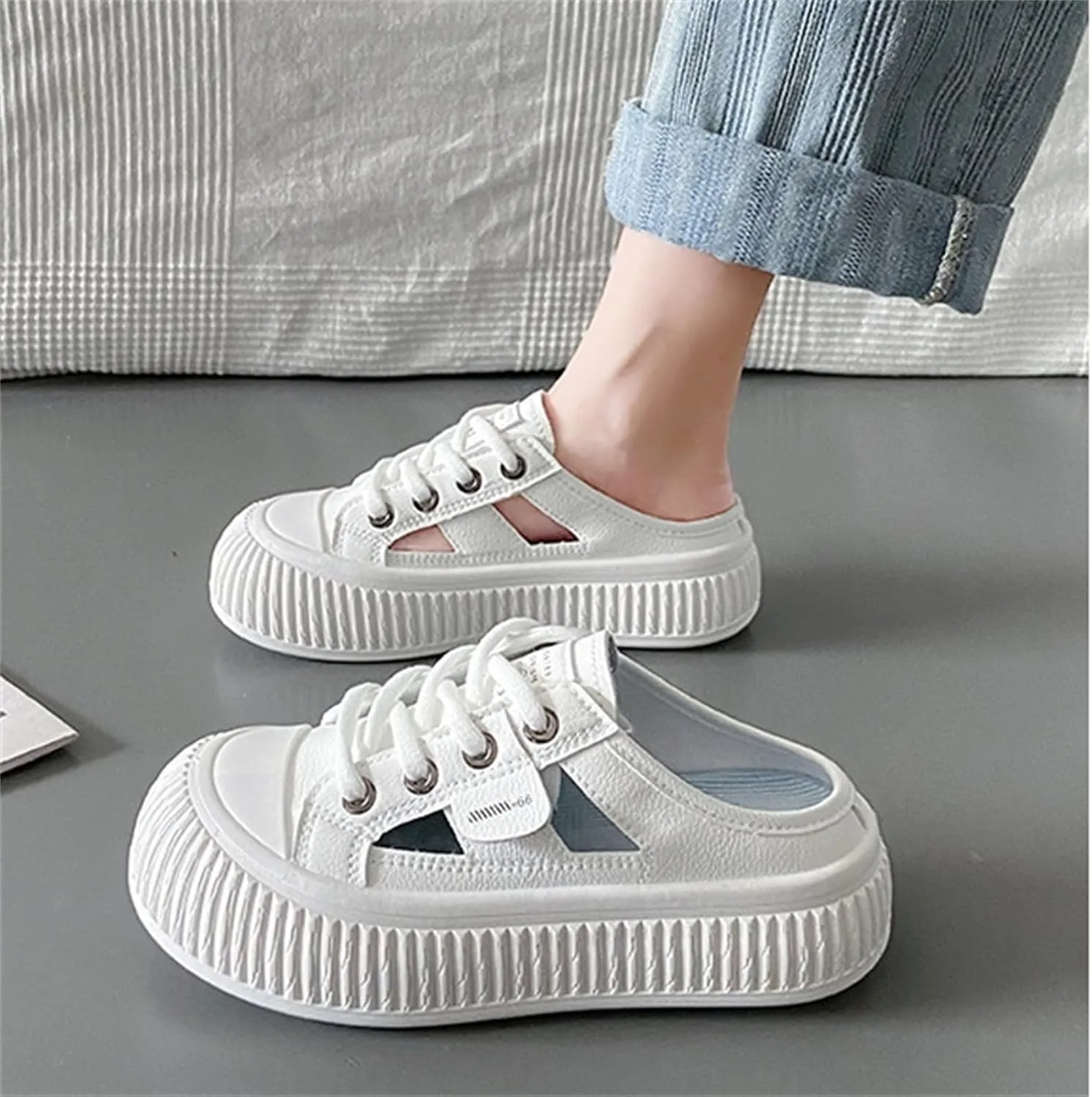 Women'S Hollow Leather Lace Up Sports Sandals Comfortable Breathable Clogs Platform Casual Slides For Beach Party Prom