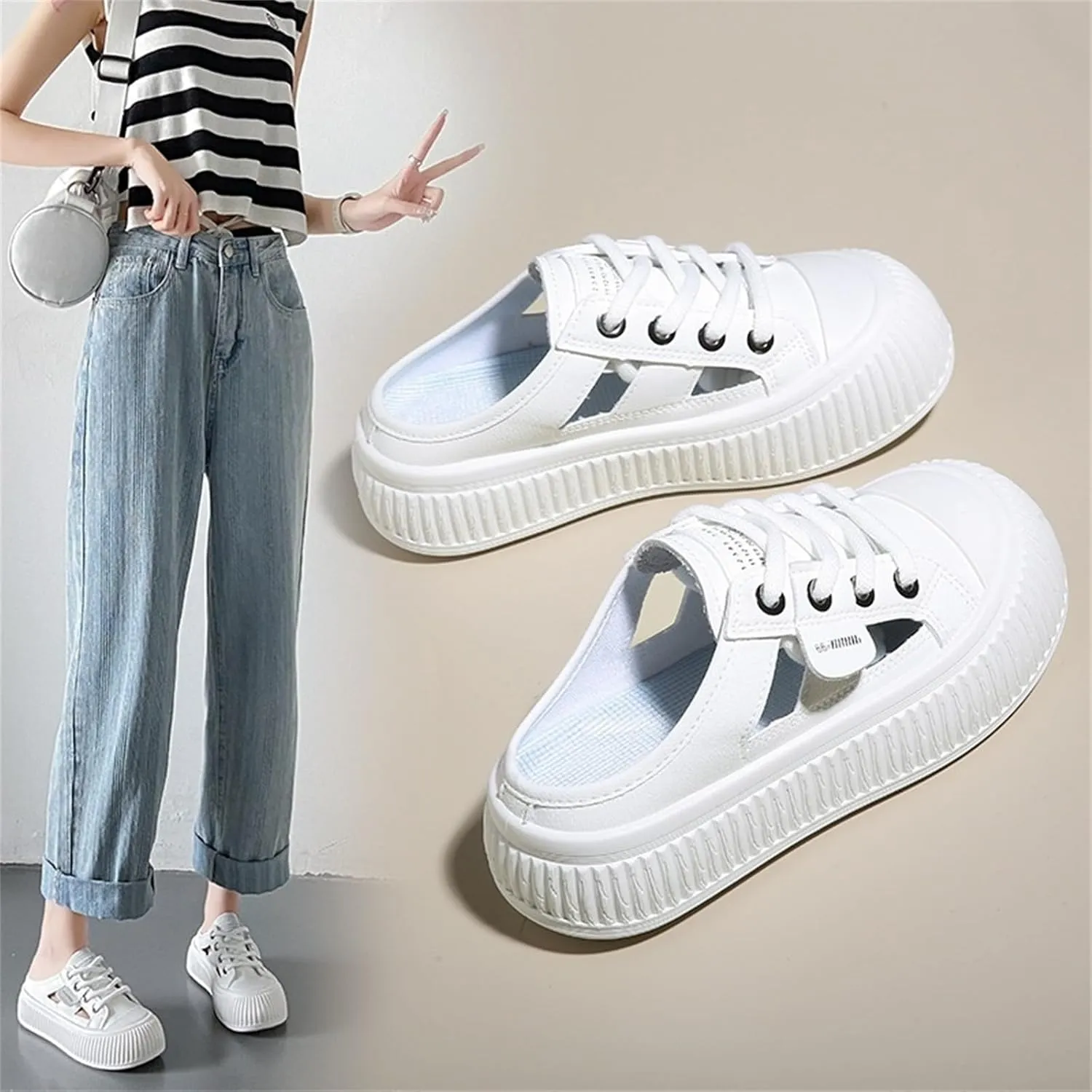 Women'S Hollow Leather Lace Up Sports Sandals Comfortable Breathable Clogs Platform Casual Slides For Beach Party Prom