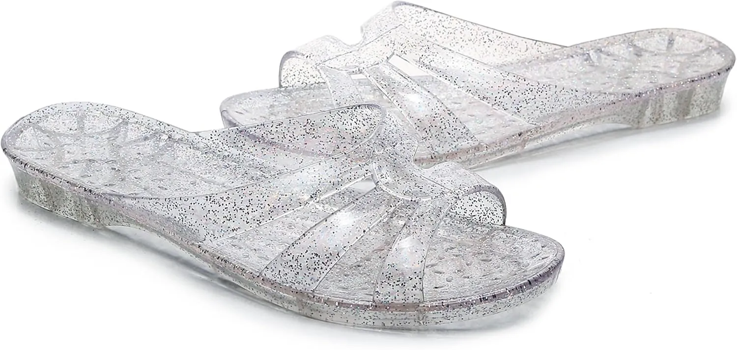 Womens Jelly Shoes, White Jellies Sandals Glitter Clear Flats Slip On Summer Beach Slippers Transparent Closed Toe Soft Slide