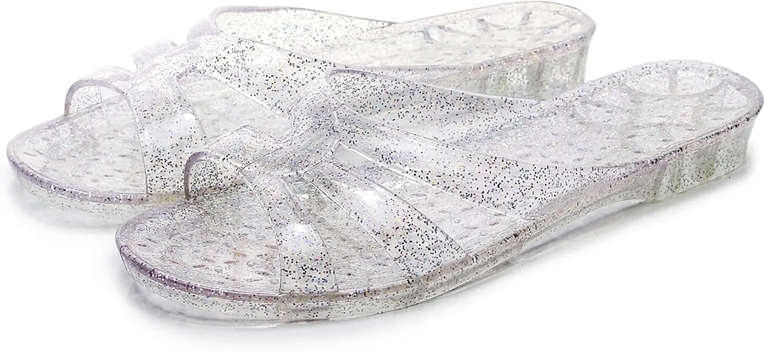 Womens Jelly Shoes, White Jellies Sandals Glitter Clear Flats Slip On Summer Beach Slippers Transparent Closed Toe Soft Slide
