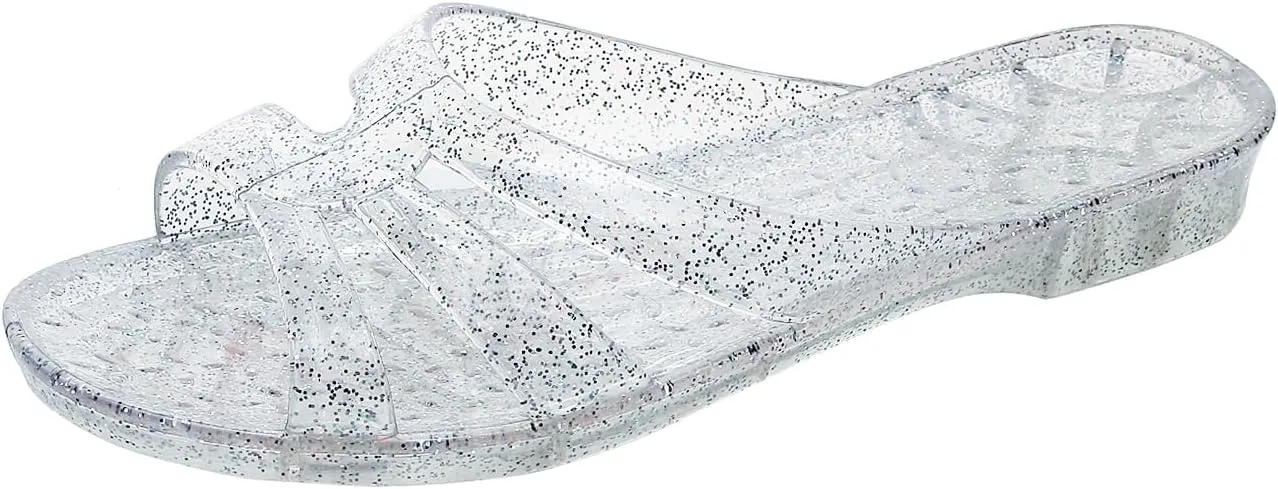 Womens Jelly Shoes, White Jellies Sandals Glitter Clear Flats Slip On Summer Beach Slippers Transparent Closed Toe Soft Slide