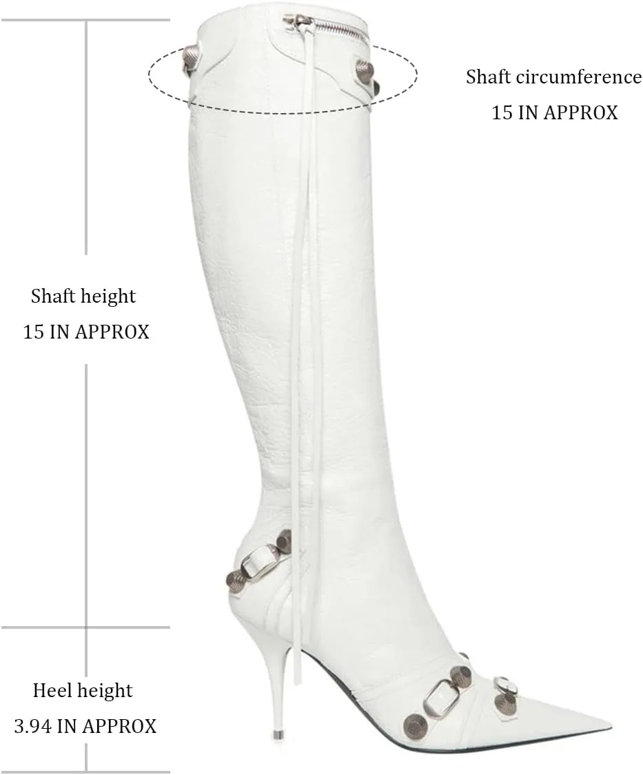 Women's Knee High Boots Pointed Toe Tassel Black Leather Boots Stilettos High Heel Boots Fashion Trendy Shark Boots Side Zipper