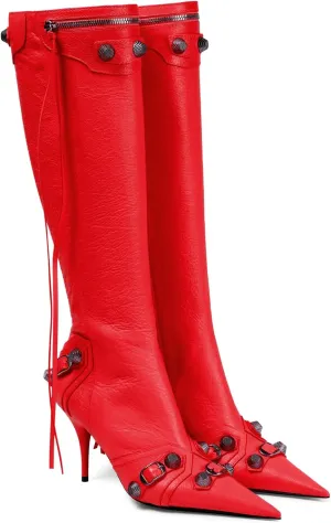Women's Knee High Boots Pointed Toe Tassel Black Leather Boots Stilettos High Heel Boots Fashion Trendy Shark Boots Side Zipper