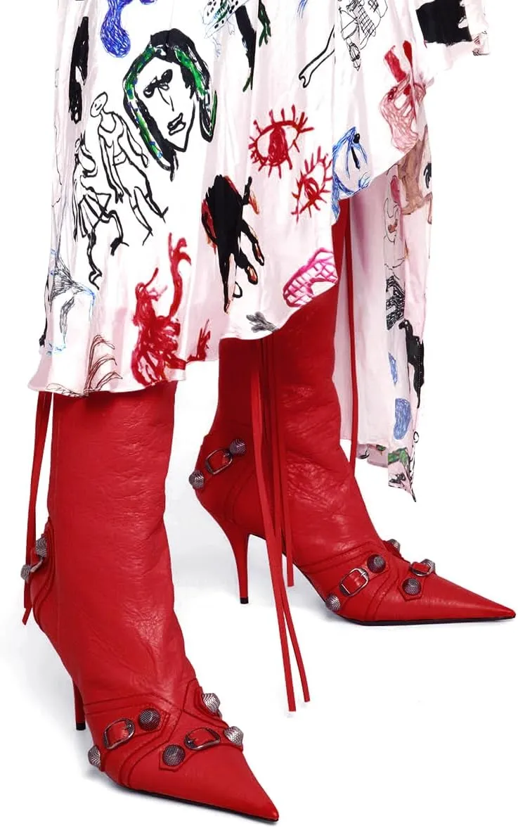 Women's Knee High Boots Pointed Toe Tassel Black Leather Boots Stilettos High Heel Boots Fashion Trendy Shark Boots Side Zipper