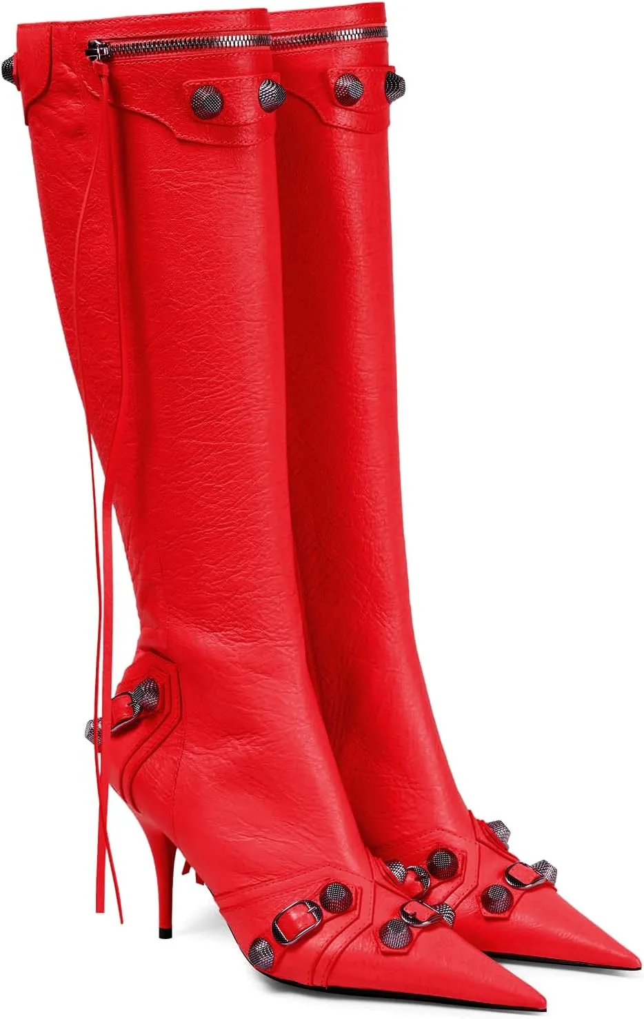 Women's Knee High Boots Pointed Toe Tassel Black Leather Boots Stilettos High Heel Boots Fashion Trendy Shark Boots Side Zipper