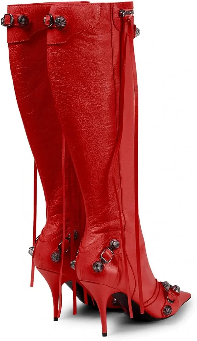 Women's Knee High Boots Pointed Toe Tassel Black Leather Boots Stilettos High Heel Boots Fashion Trendy Shark Boots Side Zipper