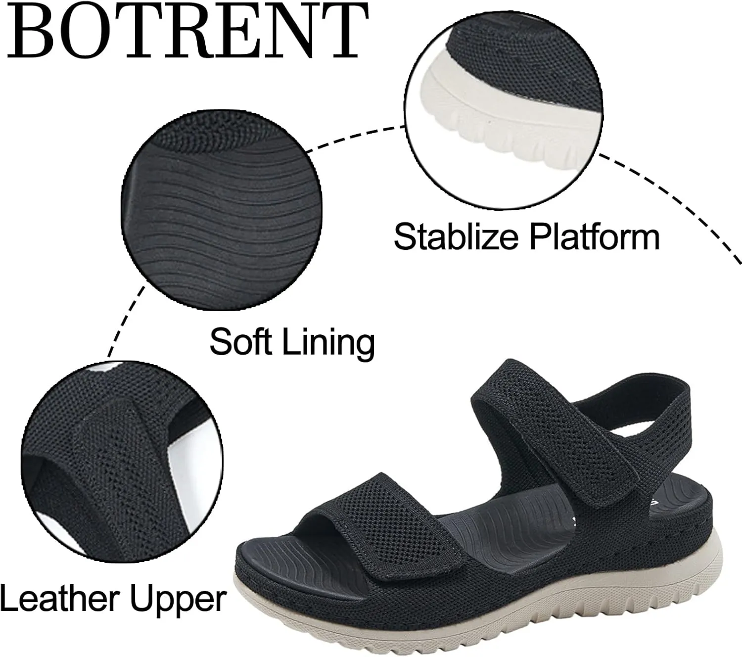 Women's Knitted Mesh Platform Walking Sandals with Arch Support Adjustable Hook and Loop Open Toe Breathable Soft Sole Mam Sandals Lightweight Non-Slip Casual Beach Sandals