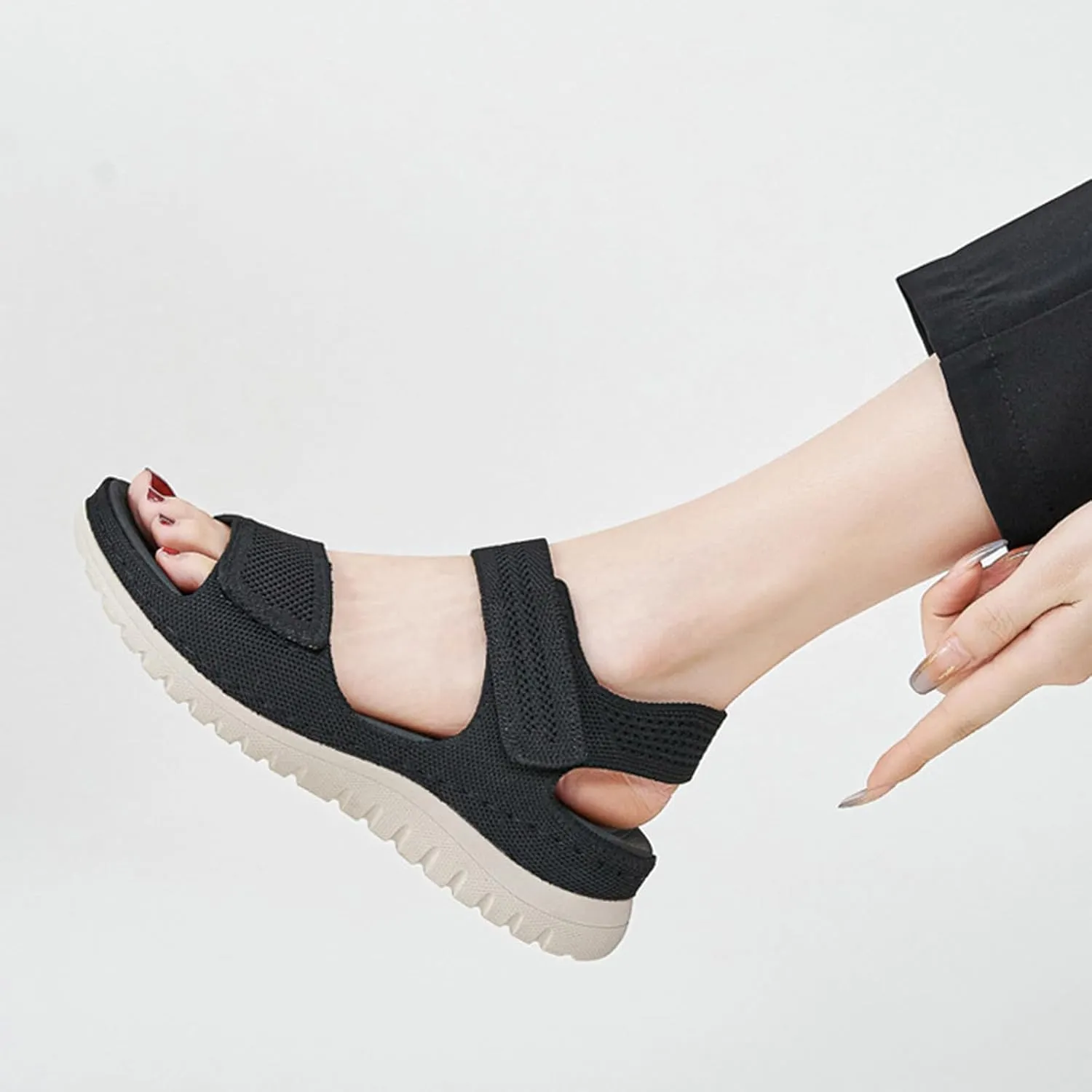 Women's Knitted Mesh Platform Walking Sandals with Arch Support Adjustable Hook and Loop Open Toe Breathable Soft Sole Mam Sandals Lightweight Non-Slip Casual Beach Sandals