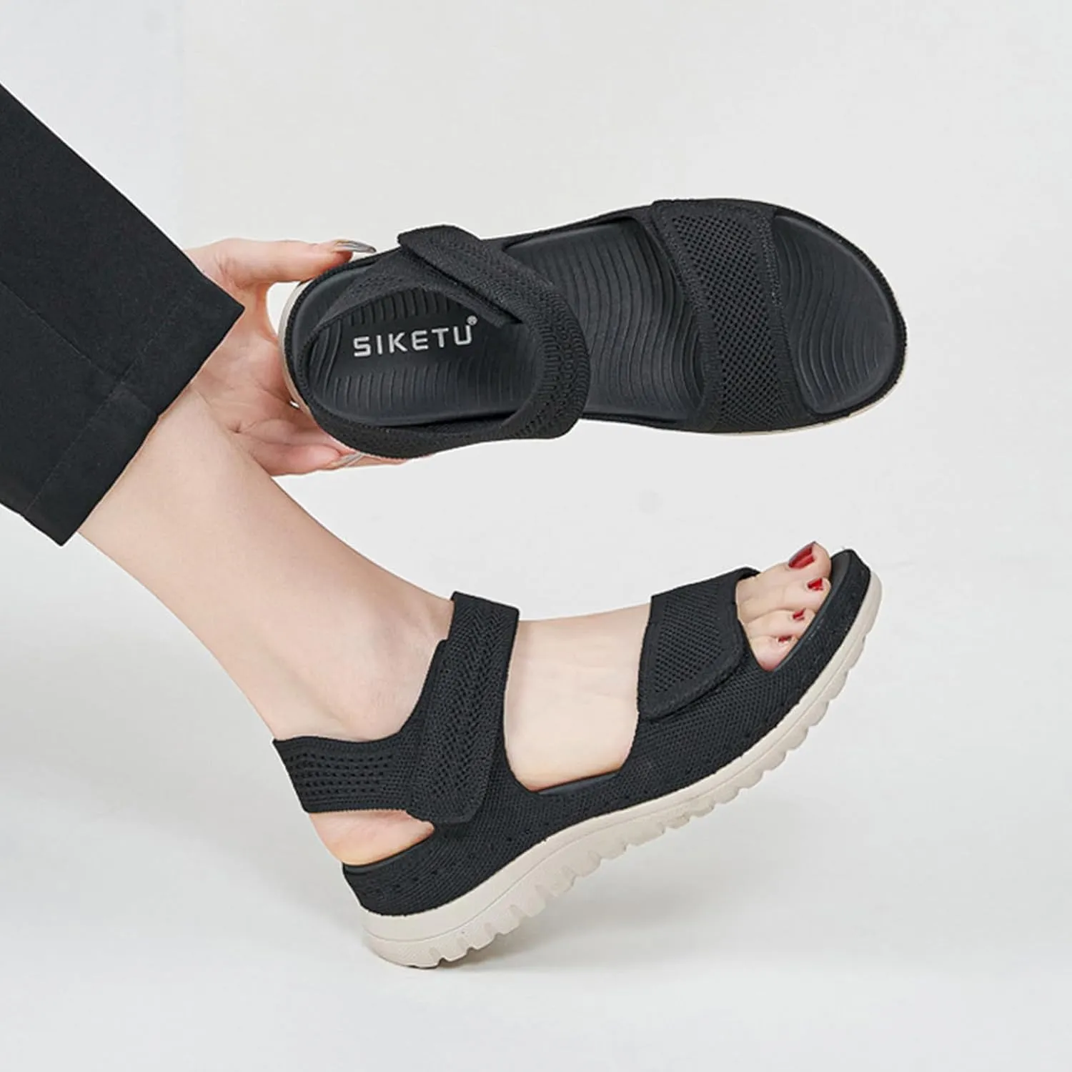 Women's Knitted Mesh Platform Walking Sandals with Arch Support Adjustable Hook and Loop Open Toe Breathable Soft Sole Mam Sandals Lightweight Non-Slip Casual Beach Sandals