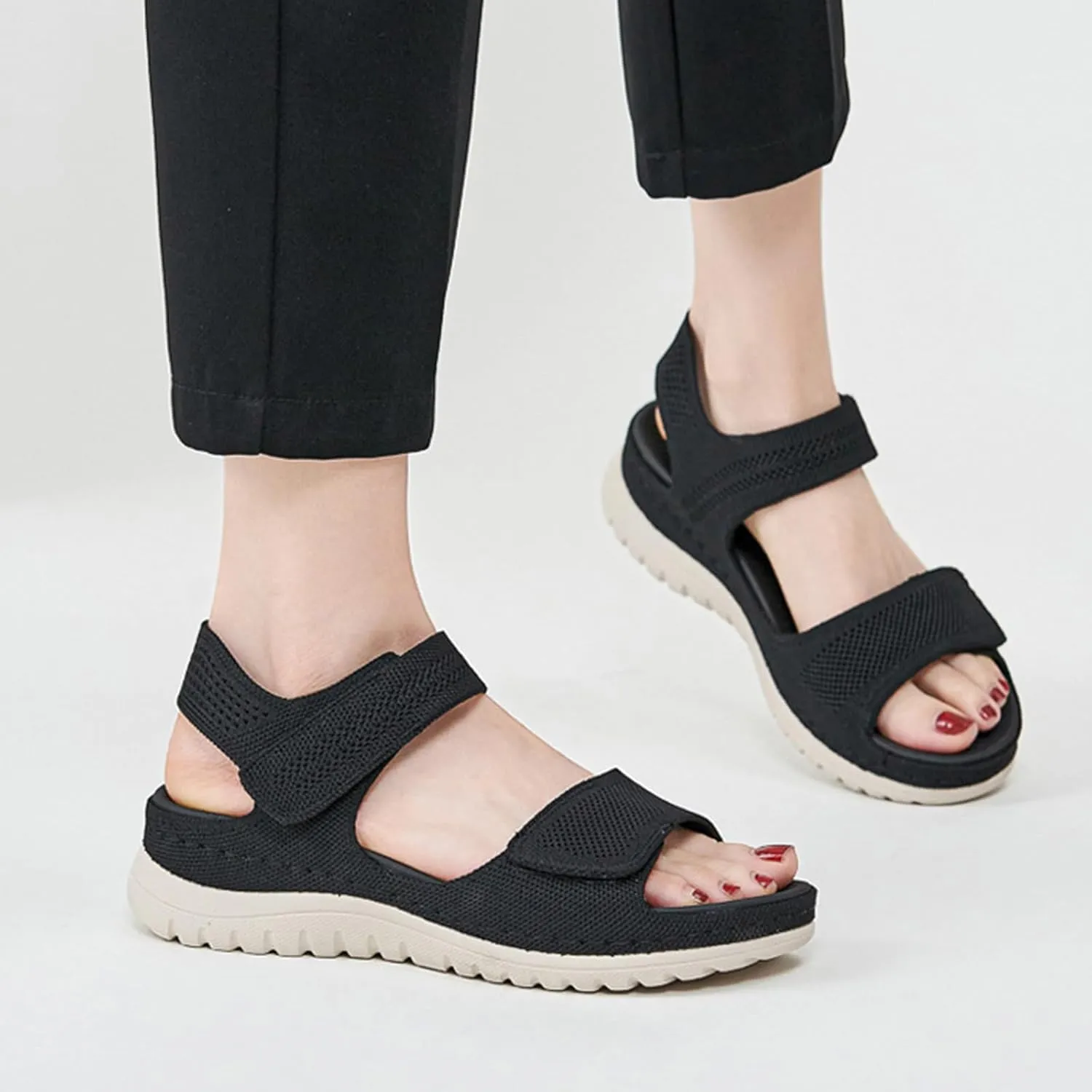 Women's Knitted Mesh Platform Walking Sandals with Arch Support Adjustable Hook and Loop Open Toe Breathable Soft Sole Mam Sandals Lightweight Non-Slip Casual Beach Sandals