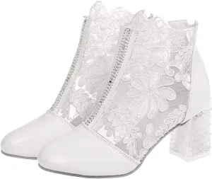 Women's Lace Flowers Chunky High Heels Ankle Boots Round Toe Embroidered Leather Fashion Short Booties with Back Zipper Sexy Fall Boots for Wedding Party Shoes