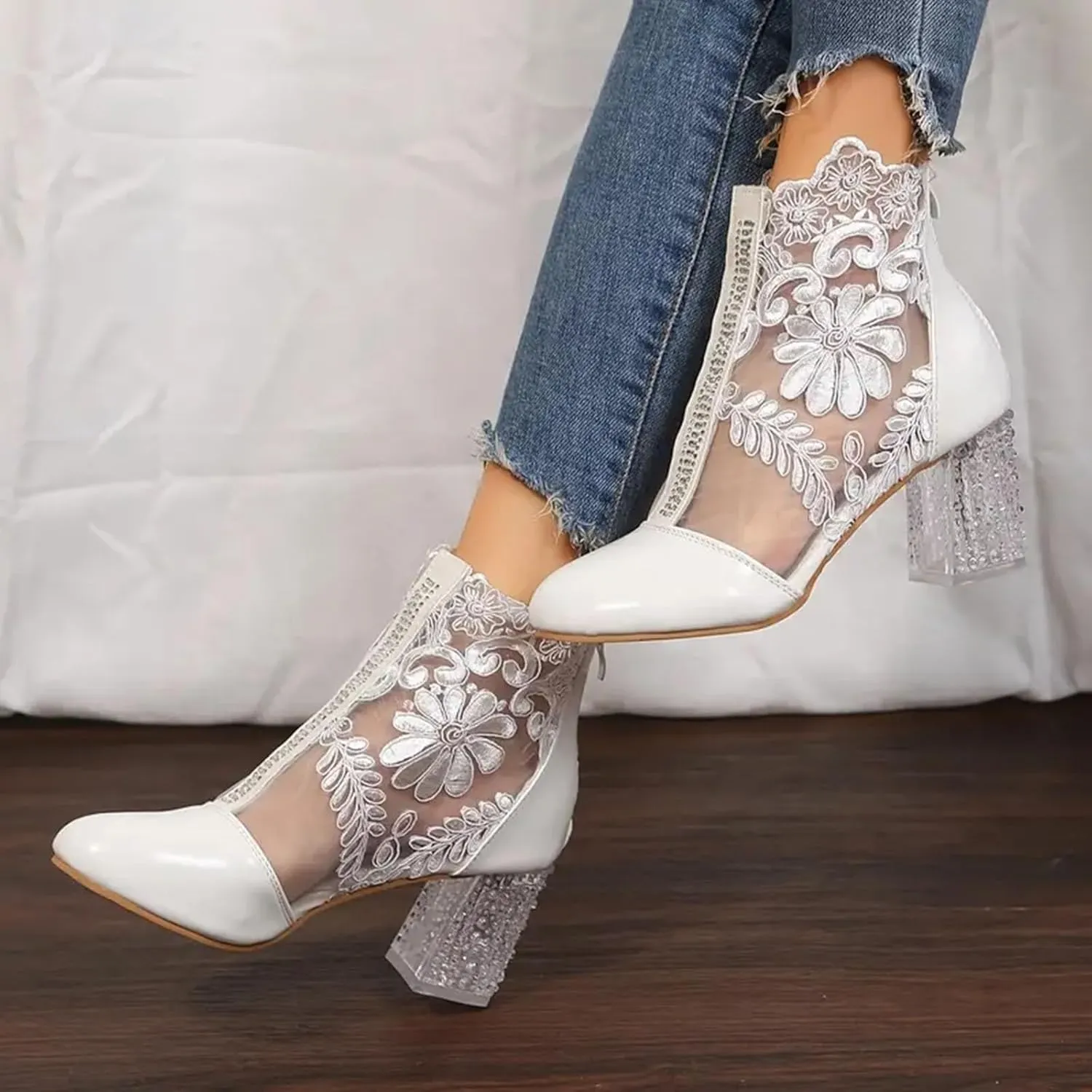 Women's Lace Flowers Chunky High Heels Ankle Boots Round Toe Embroidered Leather Fashion Short Booties with Back Zipper Sexy Fall Boots for Wedding Party Shoes