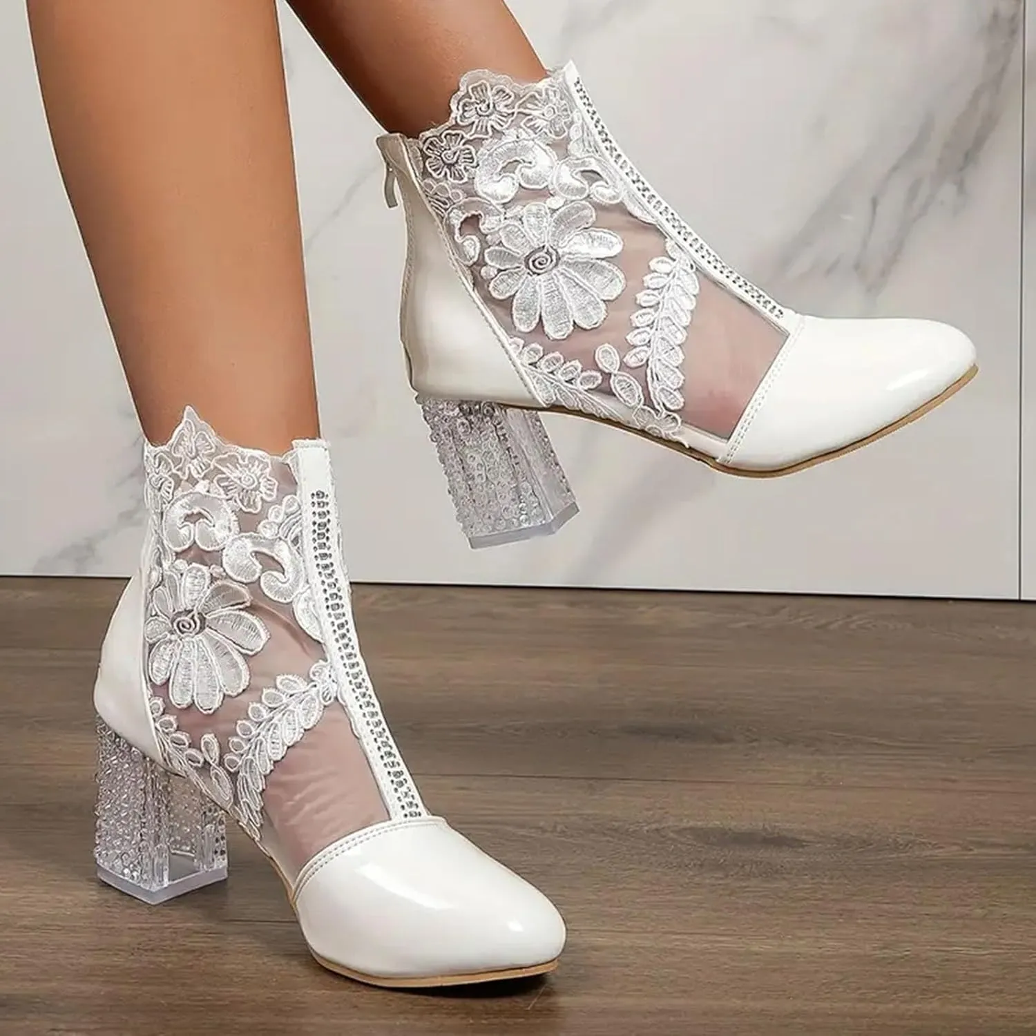 Women's Lace Flowers Chunky High Heels Ankle Boots Round Toe Embroidered Leather Fashion Short Booties with Back Zipper Sexy Fall Boots for Wedding Party Shoes