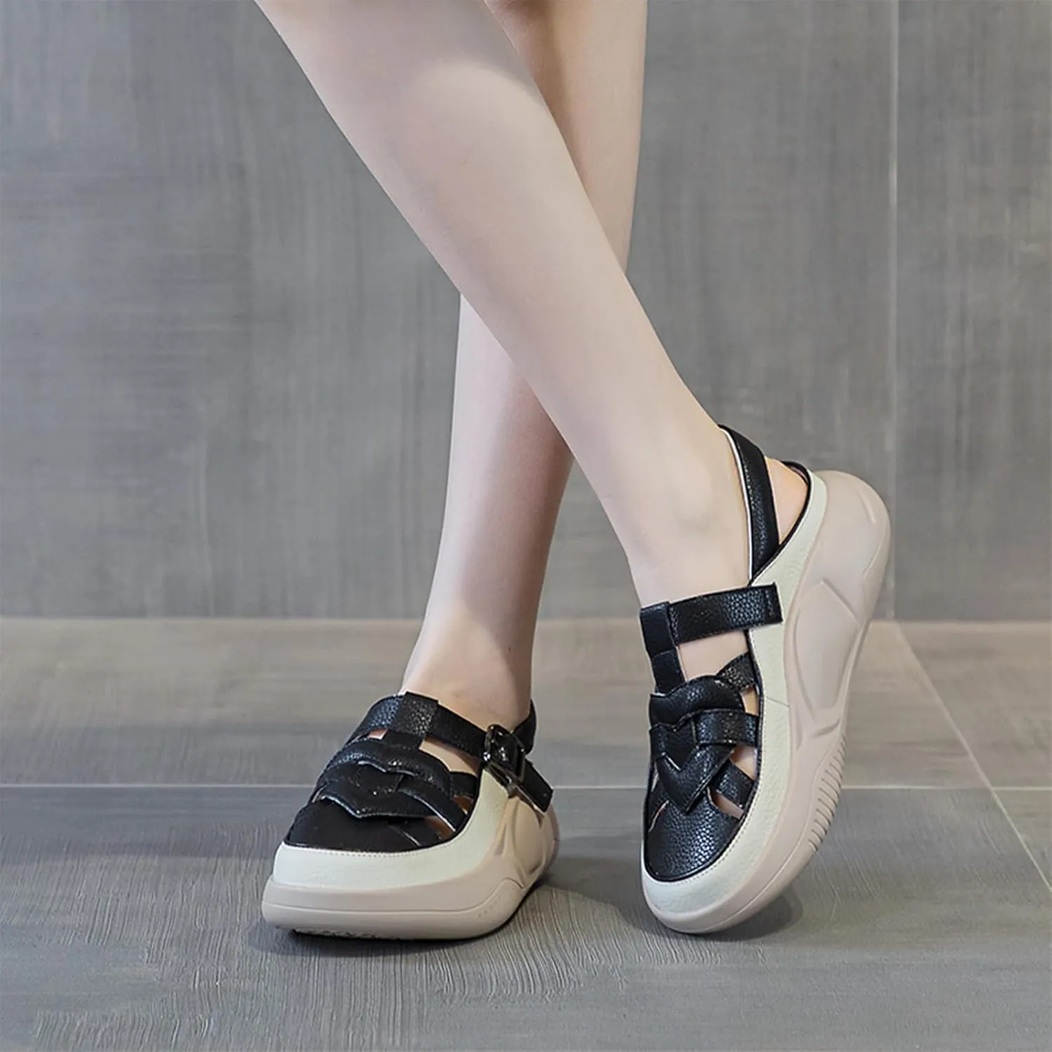 Women's Leather Chunky Platform Closed Toe Fisherman Sandals Fashion Patchwork Adjustable Ankle Strap Wedges Slingback Roman Sandals Comfortable Soft Sole Beach Walking Sandals