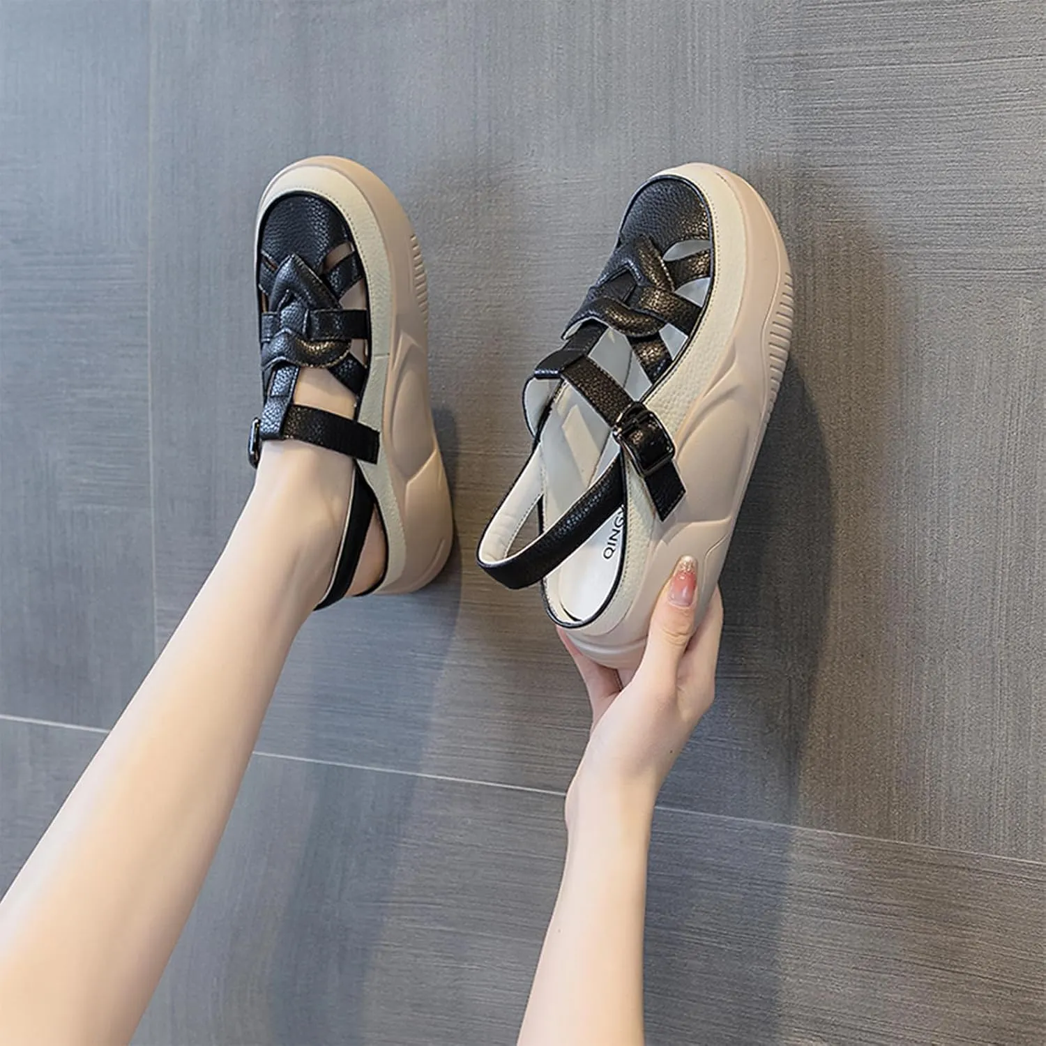 Women's Leather Chunky Platform Closed Toe Fisherman Sandals Fashion Patchwork Adjustable Ankle Strap Wedges Slingback Roman Sandals Comfortable Soft Sole Beach Walking Sandals