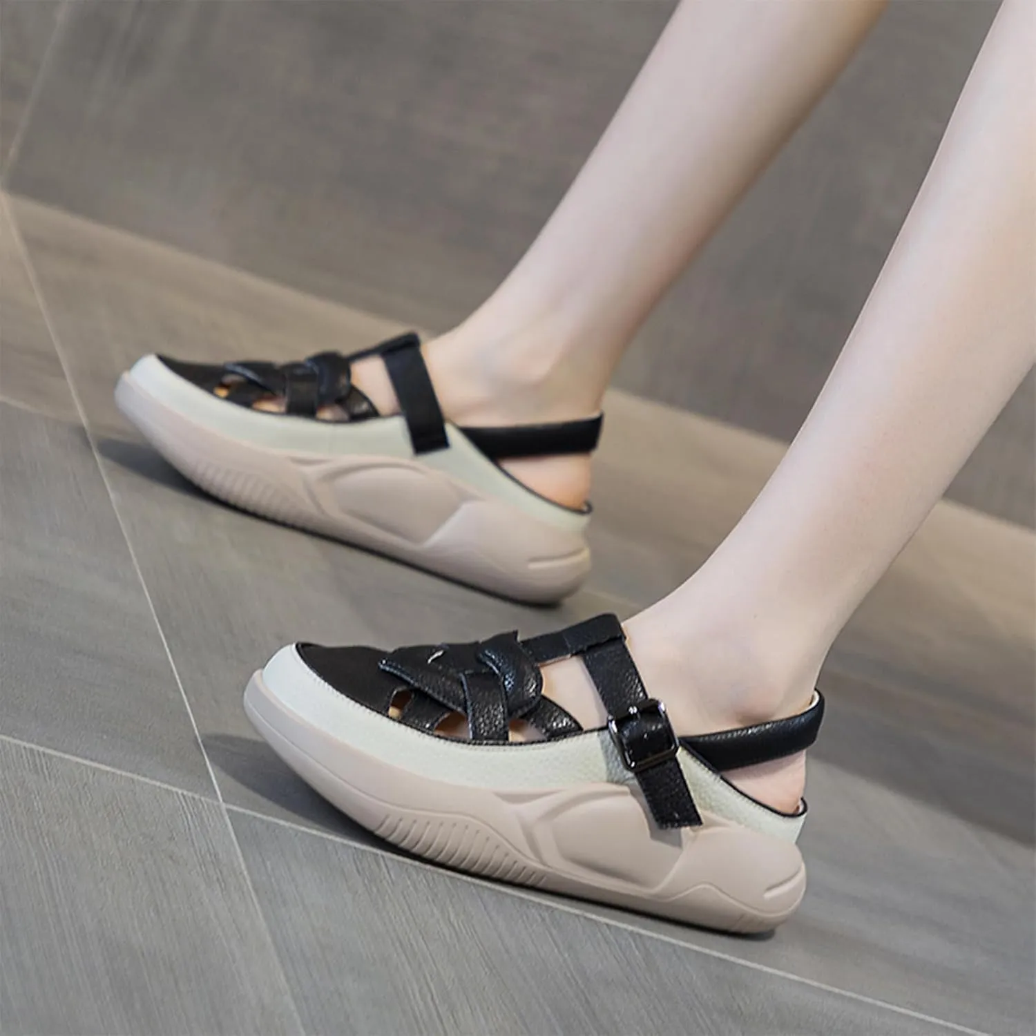 Women's Leather Chunky Platform Closed Toe Fisherman Sandals Fashion Patchwork Adjustable Ankle Strap Wedges Slingback Roman Sandals Comfortable Soft Sole Beach Walking Sandals