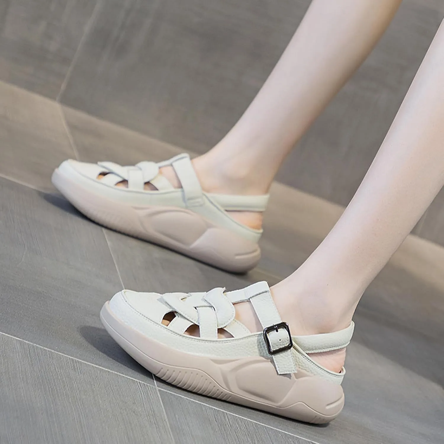 Women's Leather Chunky Platform Closed Toe Fisherman Sandals Fashion Patchwork Adjustable Ankle Strap Wedges Slingback Roman Sandals Comfortable Soft Sole Beach Walking Sandals