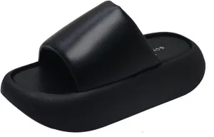 Women's Leather Comfy Platform Sandals,Summer Round Open Toe Tourist Pillow Slippers,Outdoor Anti-collision Fashion Walking Slippers