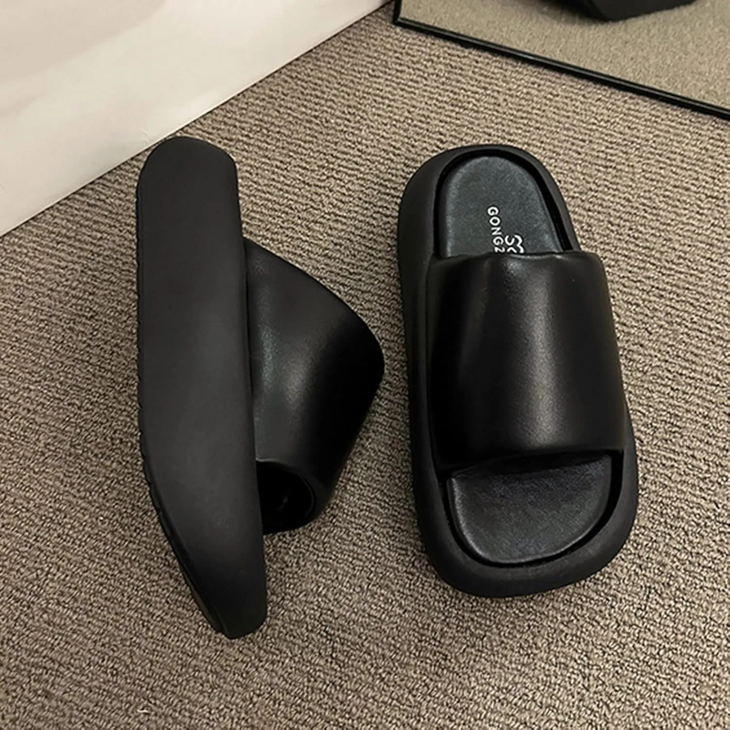 Women's Leather Comfy Platform Sandals,Summer Round Open Toe Tourist Pillow Slippers,Outdoor Anti-collision Fashion Walking Slippers
