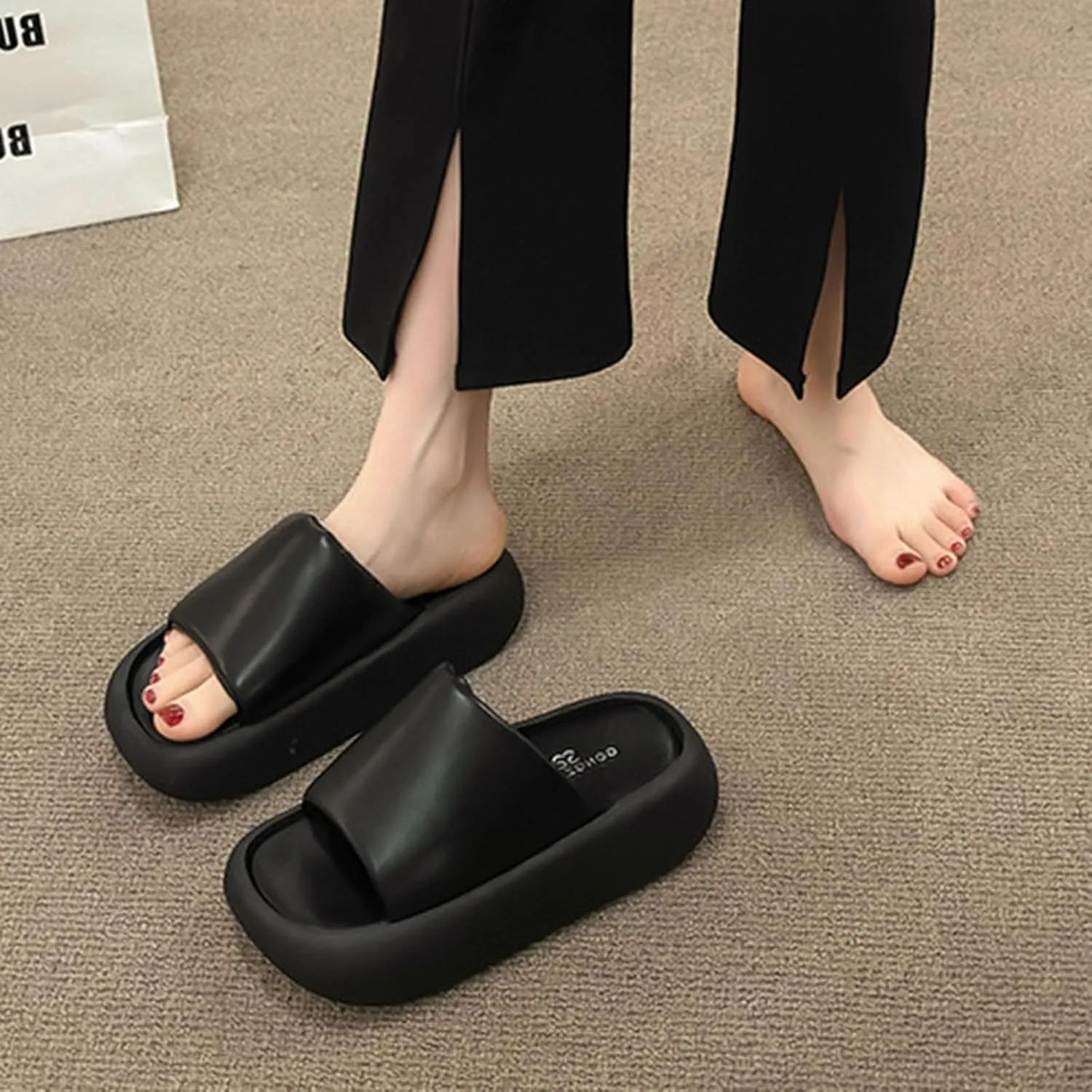 Women's Leather Comfy Platform Sandals,Summer Round Open Toe Tourist Pillow Slippers,Outdoor Anti-collision Fashion Walking Slippers