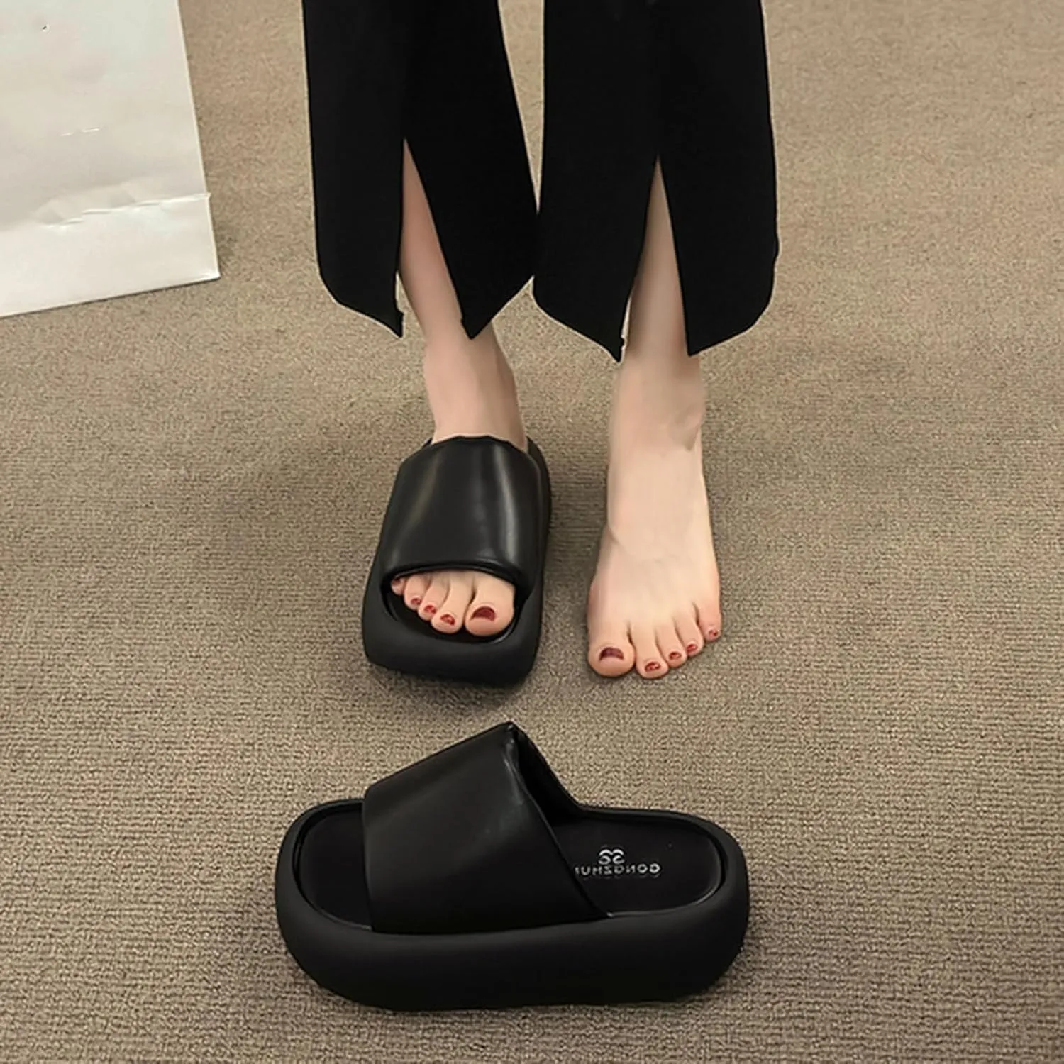Women's Leather Comfy Platform Sandals,Summer Round Open Toe Tourist Pillow Slippers,Outdoor Anti-collision Fashion Walking Slippers