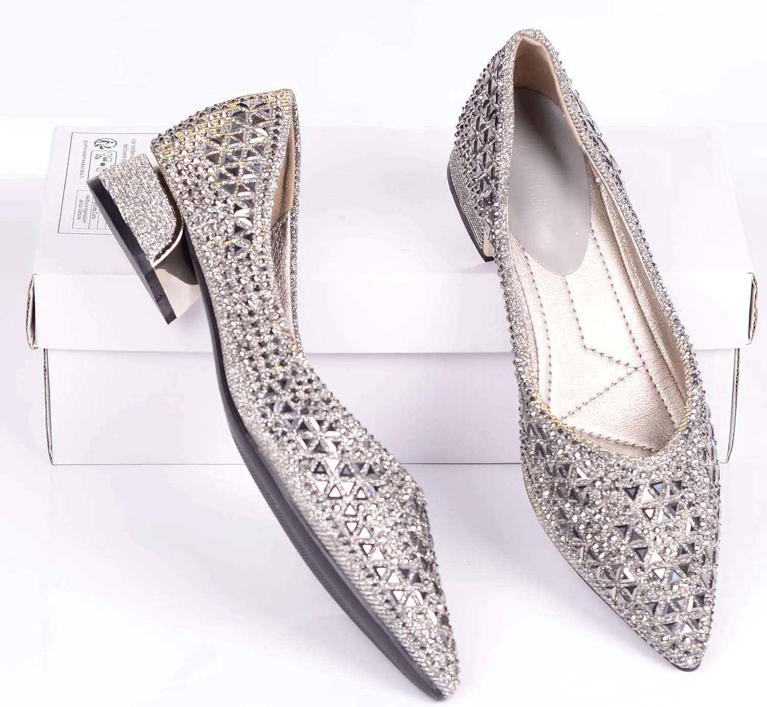 Women's Low Block Chunky Heels Dress Shoes, Rhinestone Comfort Dress Shoes for Women, Pointed Toe Soft Dress Wedding Shoes for Party Office