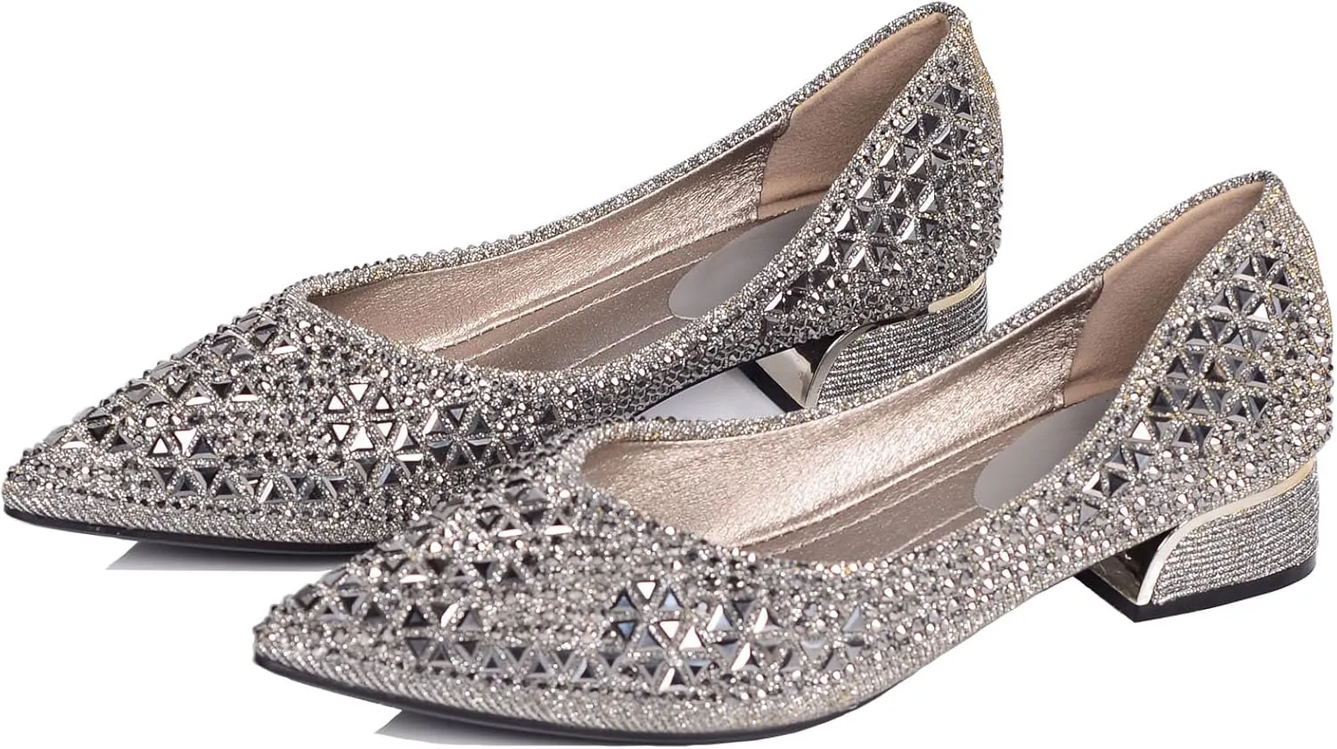 Women's Low Block Chunky Heels Dress Shoes, Rhinestone Comfort Dress Shoes for Women, Pointed Toe Soft Dress Wedding Shoes for Party Office