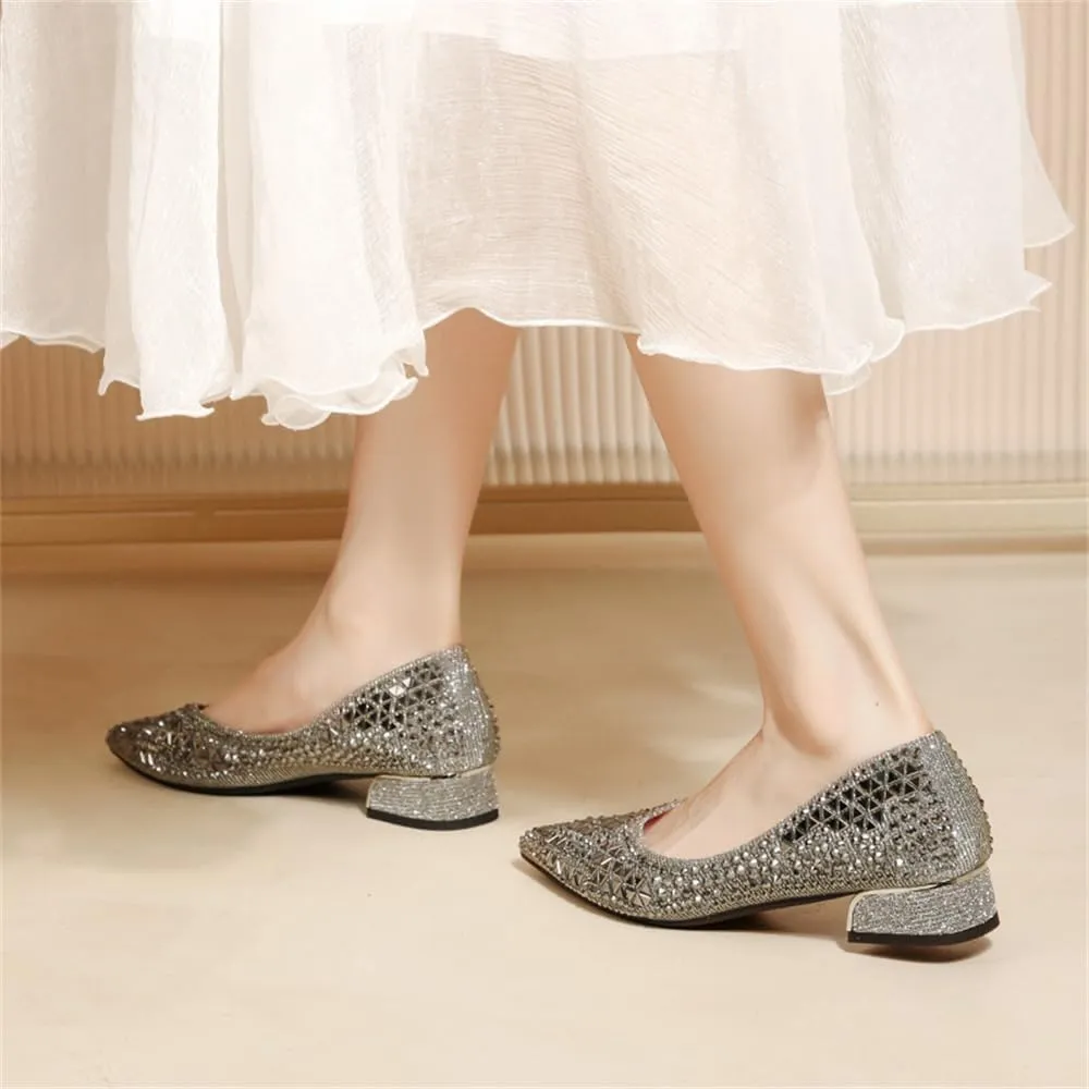 Women's Low Block Chunky Heels Dress Shoes, Rhinestone Comfort Dress Shoes for Women, Pointed Toe Soft Dress Wedding Shoes for Party Office