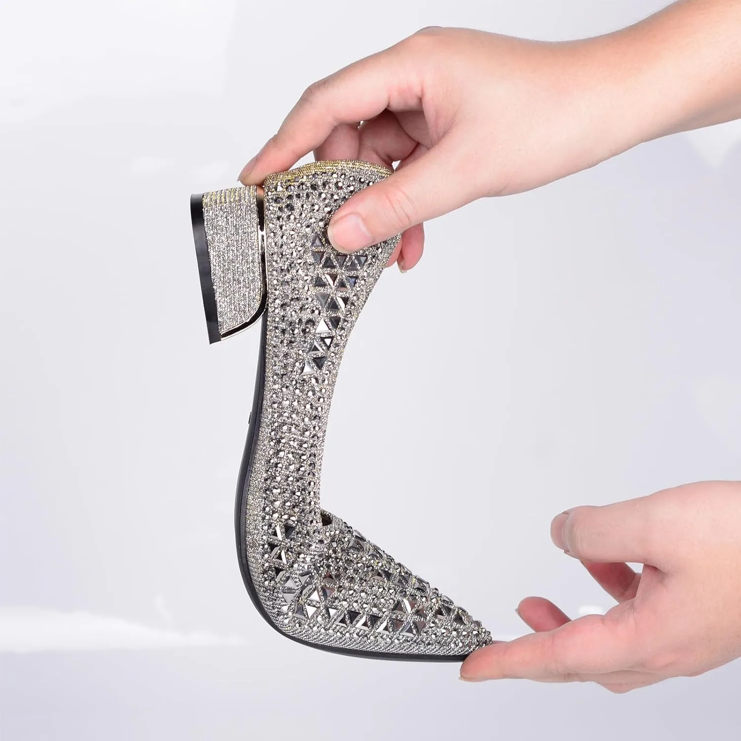 Women's Low Block Chunky Heels Dress Shoes, Rhinestone Comfort Dress Shoes for Women, Pointed Toe Soft Dress Wedding Shoes for Party Office