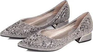 Women's Low Block Chunky Heels Dress Shoes, Rhinestone Comfort Dress Shoes for Women, Pointed Toe Soft Dress Wedding Shoes for Party Office