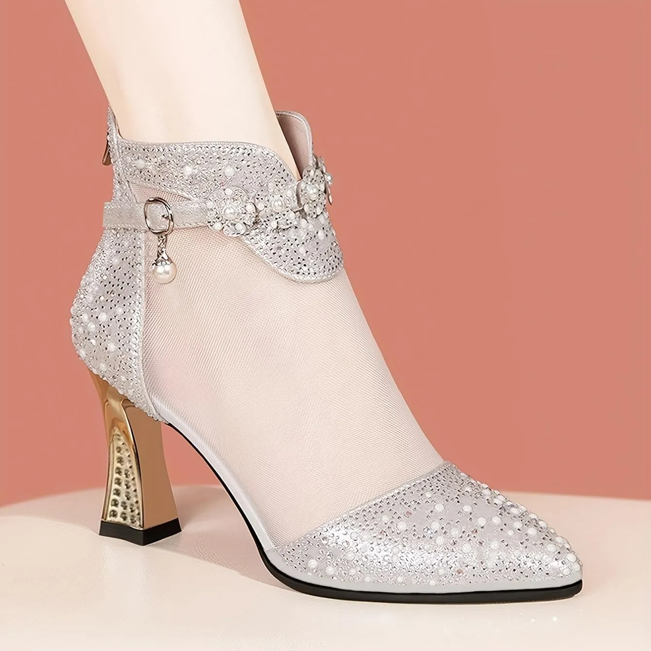 Women's Mesh Heeled Sandals Rhinestone High Heels Dressy Summer Pointed Toe