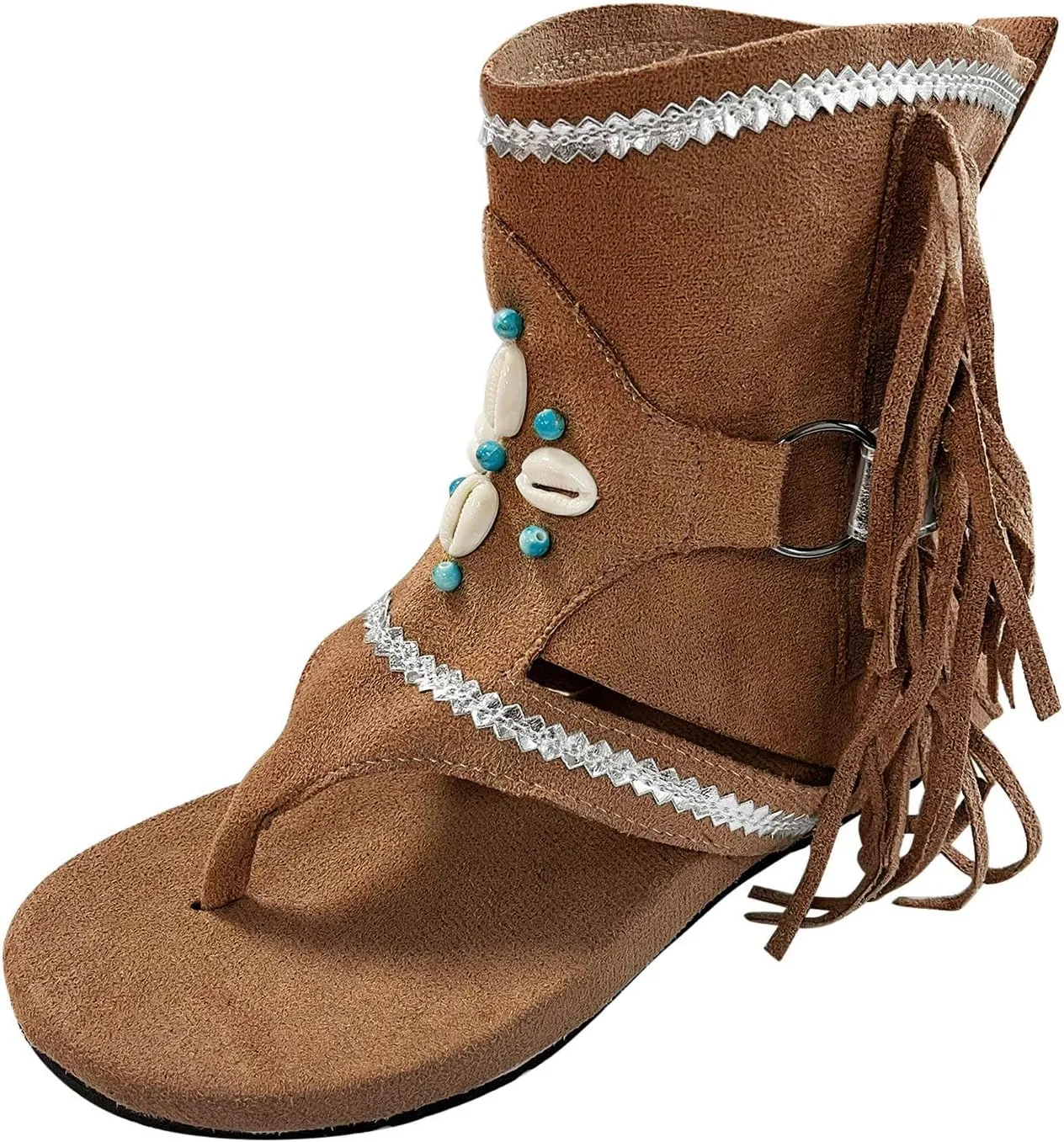 Women's Mid Calf Gladiator Flat Sandals Fringe Tassel Suede Vintage Open Toe Comfort Non-slip Summer Beach Shoes