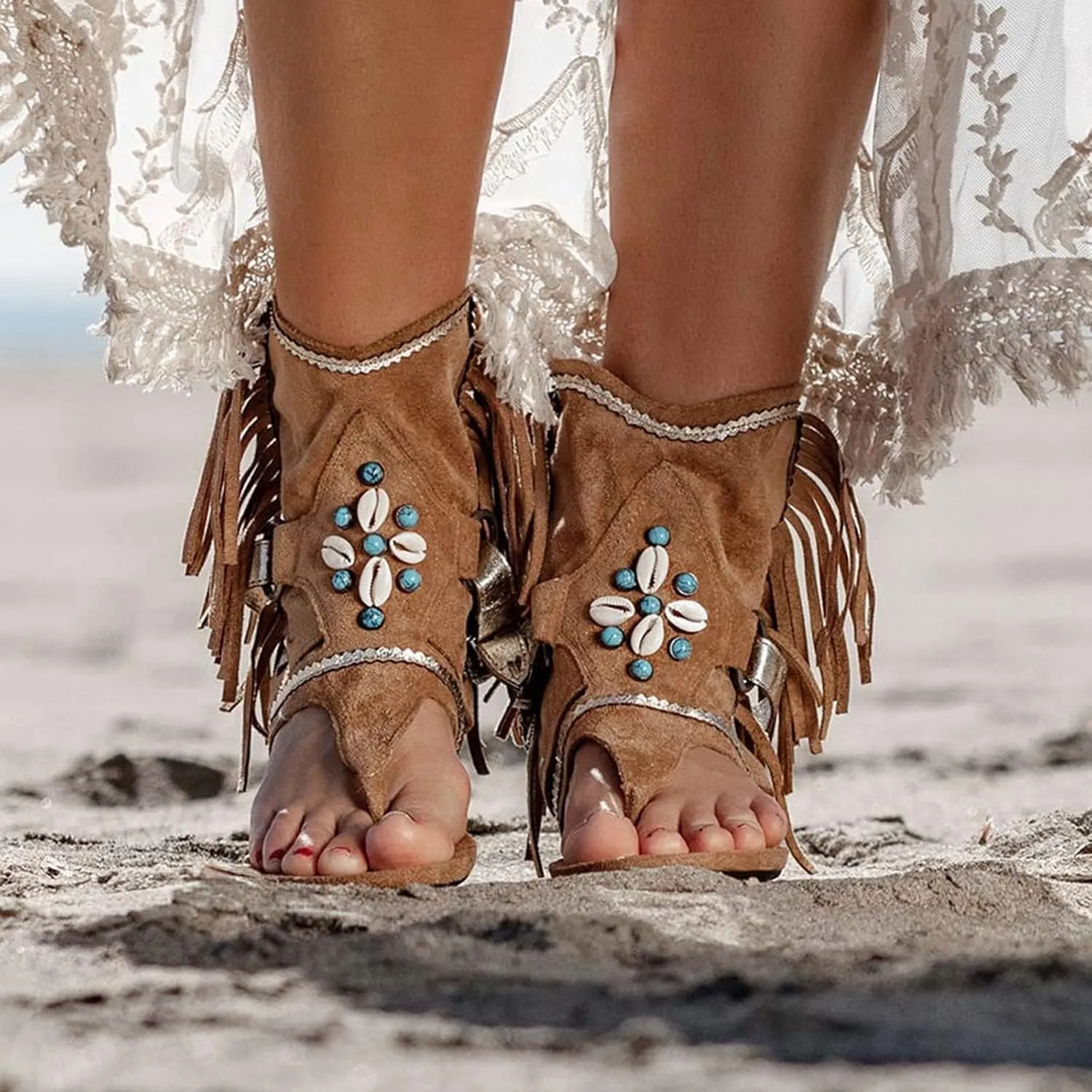 Women's Mid Calf Gladiator Flat Sandals Fringe Tassel Suede Vintage Open Toe Comfort Non-slip Summer Beach Shoes