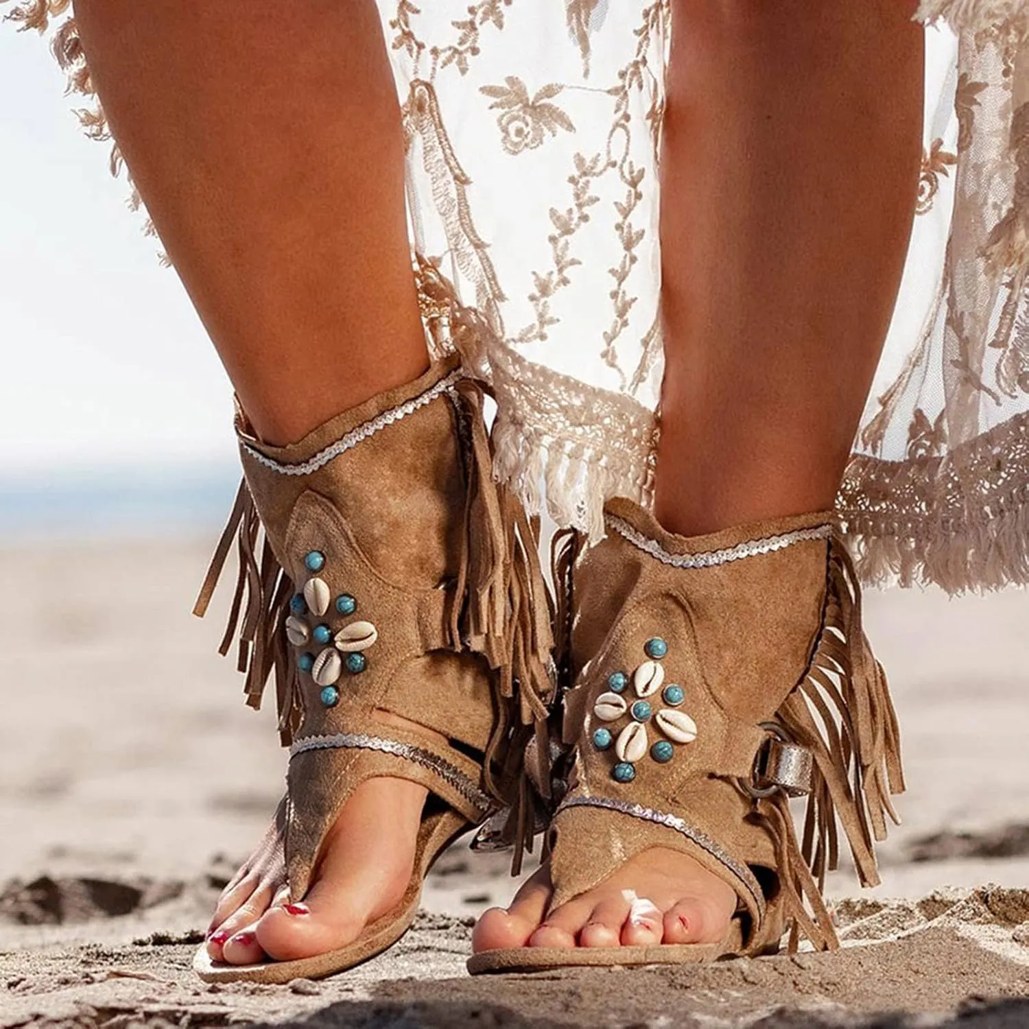Women's Mid Calf Gladiator Flat Sandals Fringe Tassel Suede Vintage Open Toe Comfort Non-slip Summer Beach Shoes