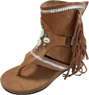 Women's Mid Calf Gladiator Flat Sandals Fringe Tassel Suede Vintage Open Toe Comfort Non-slip Summer Beach Shoes